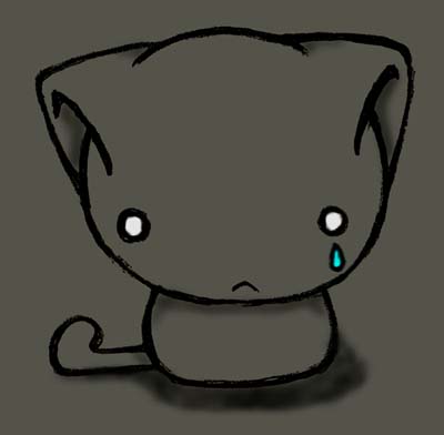 sketchy grey cat crying on a grey background, it has small white eyes a single blue tear on its face, it is frowning